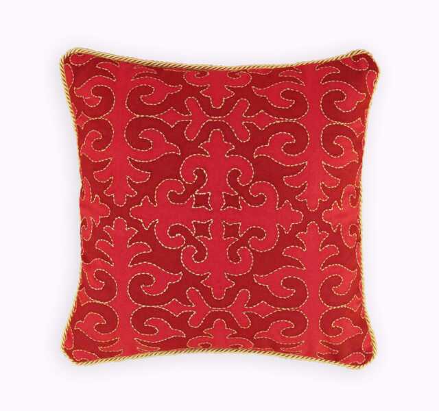Christmas Red Cotton Pillow Cover, Moroccan Print With Piping & Embroidery, Shyrdak Pattern - image 1