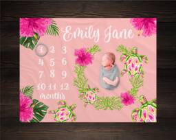 Turtle Milestone Blanket Monthly Growth Tracker Soft Fleece Sea Baby Shower Gift Newborn Watch Me Grow Girl - thumbnail 1