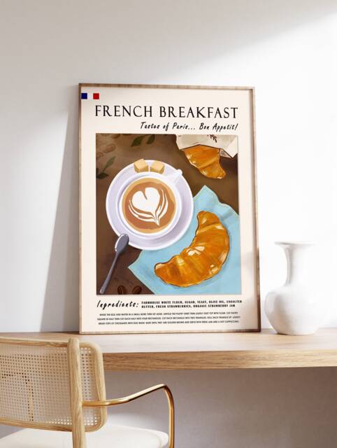 French Breakfast Food Poster, Art Print, France Art, Kitchen Paris Retro Gift - image 1