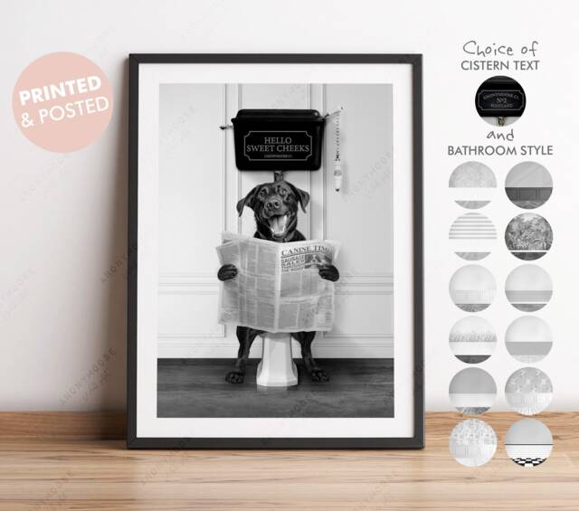 Black & White Labrador Retriever Dog On Toilet With Newspaper, Victorian Print, Funny Bathroom Toilet, Humour - image 1