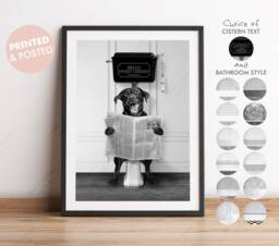 Black & White Labrador Retriever Dog On Toilet With Newspaper, Victorian Print, Funny Bathroom Toilet, Humour - thumbnail 1