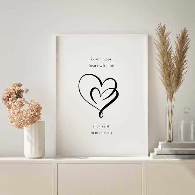 I Carry Your Heart With Me, It in My Print - Two Intertwined Hearts E. Cummings Wall Art Romantic Gift Unframed - image 1