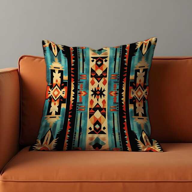 Bold Aztec Throw Pillow Cover, Tribal Southwest Geometric Cushion Case in Teal & Rust, Boho Western Decor Accent For Sofa Or Living Room - image 1