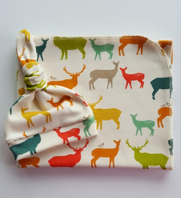 Elk Organic Baby Blanket & Newborn Hat Set. Boy Take Home Swaddle Shower Gift. Photo Prop - image 1