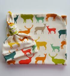 Elk Organic Baby Blanket & Newborn Hat Set. Boy Take Home Swaddle Shower Gift. Photo Prop