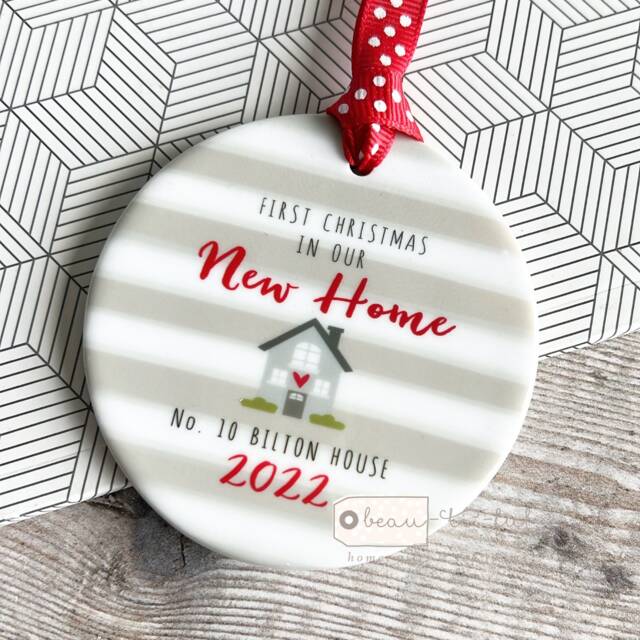 Personalised First Christmas At Address New Home House Ceramic Ornament Keepsake Hanging Bauble