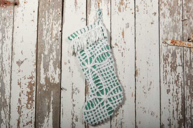 Fluffy Green & White Vintage Chenille Christmas Stocking With Matching Cuff - Wedding Ring, Flower - image 1
