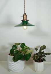 Pendant Light With Saucer Shaped Shallow Cone Lamp Shade - Industrial Green Enamel Vintage Hanging Ceiling Chandelier - thumbnail 1