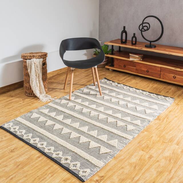 The Indoor Store - Hand Woven Wool Area Rug, Black & Off-White, Geometric Dhurrie - image 1