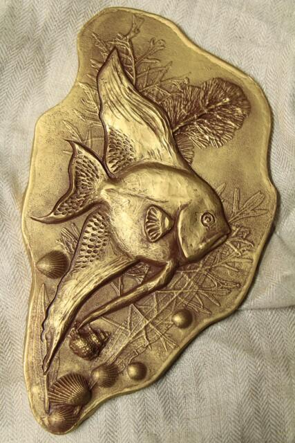 Wall Sculpture Bas Relief Angel Fish in Water Seashells & Plants Original Art Home Decor Office Unique Gift Gold Silver Tile - image 1