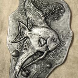 Wall Sculpture Bas Relief Angel Fish in Water Seashells & Plants Original Art Home Decor Office Unique Gift Gold Silver Tile - thumbnail 4