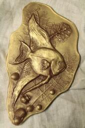 Wall Sculpture Bas Relief Angel Fish in Water Seashells & Plants Original Art Home Decor Office Unique Gift Gold Silver Tile - thumbnail 1