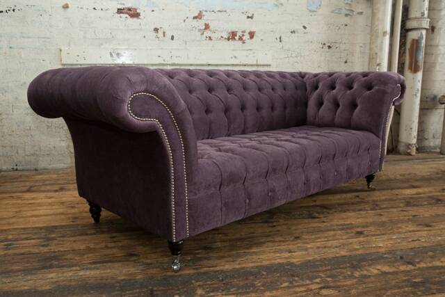 British Handmade Aubergine Textured Velvet 3 Seater Chesterfield Sofa - image 1