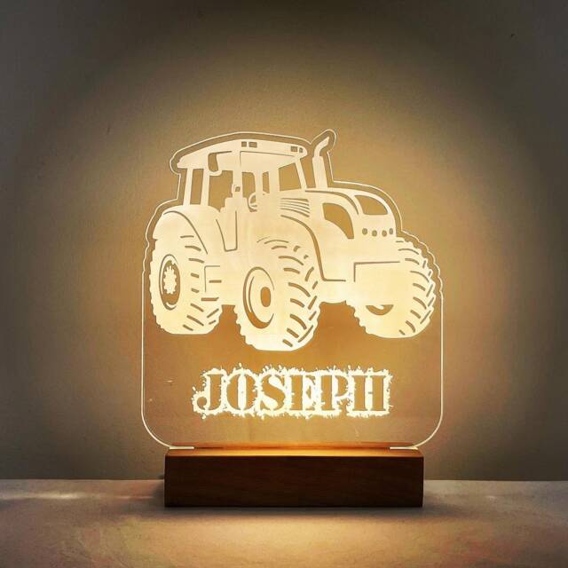 Personalised Farm Tractor Led Night Light With Solid Beech Wood Base - Boy's Bedroom Reading Lamp Name
