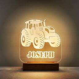 Personalised Farm Tractor Led Night Light With Solid Beech Wood Base - Boy's Bedroom Reading Lamp Name