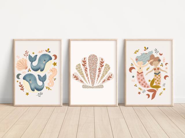 Mermaid, Shell & Ocean Themed Prints For A Nursery, Little Girls Room Or Playroom. - Prints Only - image 1
