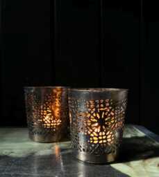 Lattice Tealight Lantern Holder Set Aged Gold, French Style