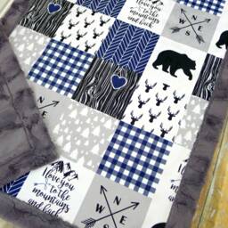 Mountains Baby Blanket - Personalized Mountain Bear Minky Woodland Faux Quilt - thumbnail 1