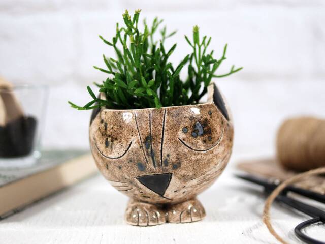 Handmade Ceramic Cat Planter, Animal Decor, Cactus Succulent Pot - image 1