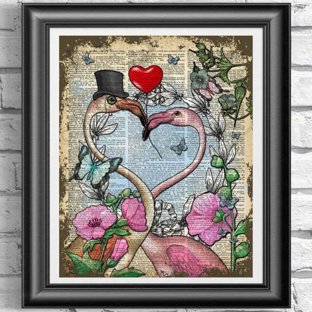 Pink Flamingos Love Art Print, Antique Dictionary Page - image 1