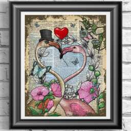 Pink Flamingos Love Art Print, Antique Dictionary Page - thumbnail 1