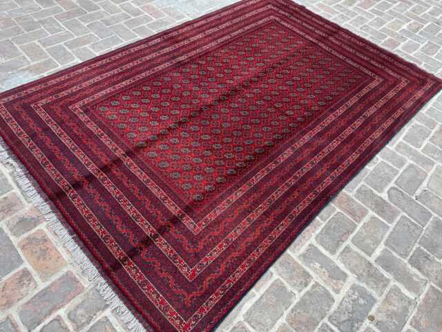 6x9 Large Red & Beige Afghan Bukhara Wool Carpet - Artisan Hand-Knotted Design Timeless Oriental Rug For Lounge, Dining Space Or Studio - image 1