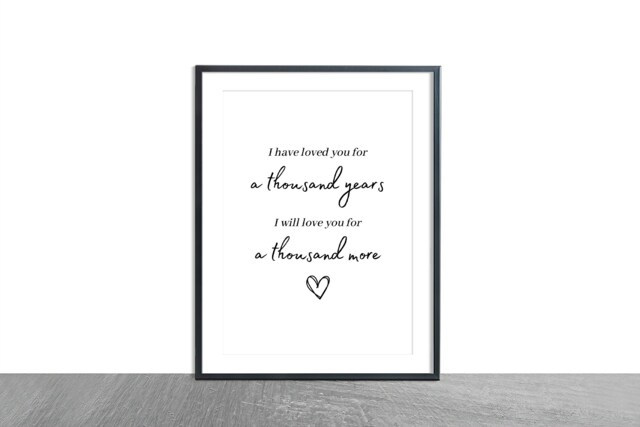 A Thousand Years Wall Print, Lyric Art, Song Love Quote Hanging, Wedding Decor, Couple Print - image 1