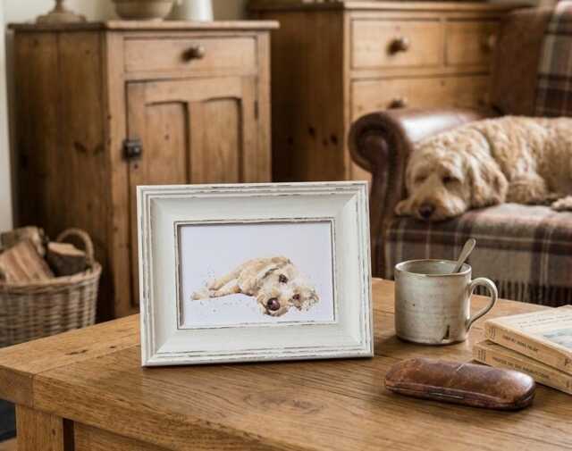 Labradoodle Print 17x12cm - White Rustic Frame - Fluffy Dog Wall Art, Gift For Doodle Lovers - image 1