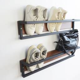 Rustic Wall Mount Shoe Rack Wood & Metal Entryway Organizer - thumbnail 2