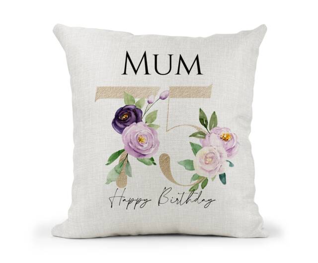 Personalised Special Birthday Cushion 75Th Gold & Purple Floral Mum, Nan, Friend, Sister Gift Keepsake - image 1