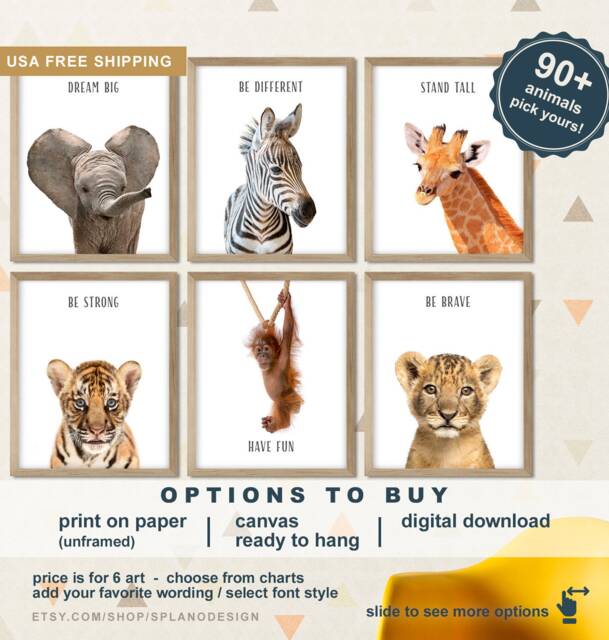 Set Of 6 Safari Animal Nursery Prints, Jungle Animals Inspirational Wall Art, Prints Nursery, Peekaboo - image 1