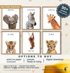 Set Of 6 Safari Animal Nursery Prints, Jungle Animals Inspirational Wall Art, Prints Nursery, Peekaboo - thumbnail 1