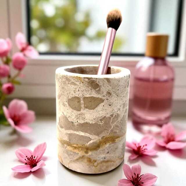 Beige Marble Toothbrush Mug - Natural Stone Pot Makeup Brush Holder Bathroom Organiser - image 1