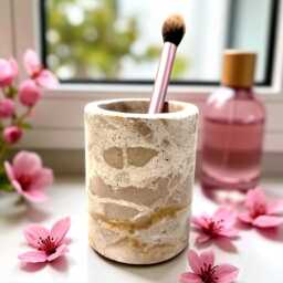Beige Marble Toothbrush Mug - Natural Stone Pot Makeup Brush Holder Bathroom Organiser - thumbnail 1