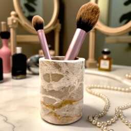Beige Marble Toothbrush Mug - Natural Stone Pot Makeup Brush Holder Bathroom Organiser - thumbnail 3