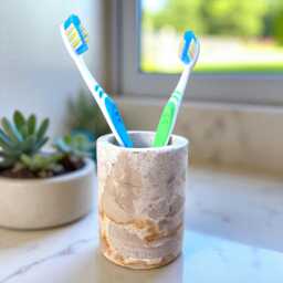Beige Marble Toothbrush Mug - Natural Stone Pot Makeup Brush Holder Bathroom Organiser - thumbnail 2