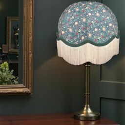 William Morris Persian Curtains Fabric Dome Lampshade Dark Green Braid & Cream Fringe, Bespoke British Handmade - thumbnail 2