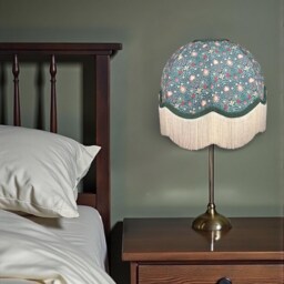 William Morris Persian Curtains Fabric Dome Lampshade Dark Green Braid & Cream Fringe, Bespoke British Handmade - thumbnail 3