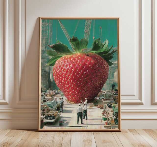 Surreal Strawberry Art Print, Modern Collage Wall With Tiny People, Whimsical Food Poster, Imaginative Pop Home Decor - image 1
