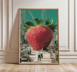 Surreal Strawberry Art Print, Modern Collage Wall With Tiny People, Whimsical Food Poster, Imaginative Pop Home Decor - thumbnail 1
