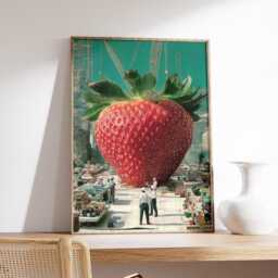 Surreal Strawberry Art Print, Modern Collage Wall With Tiny People, Whimsical Food Poster, Imaginative Pop Home Decor - thumbnail 2