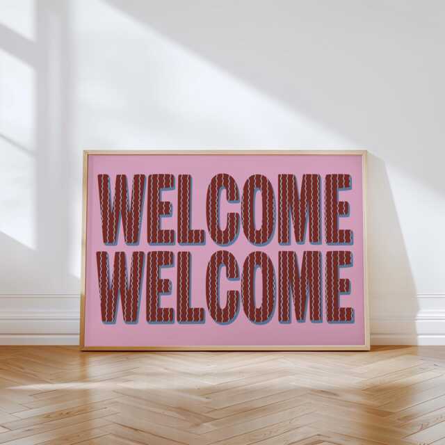 Welcome Home Art Print, Pink Red Blue Striped Gallery Wall Poster - image 1