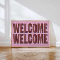 Welcome Home Art Print, Pink Red Blue Striped Gallery Wall Poster - thumbnail 1