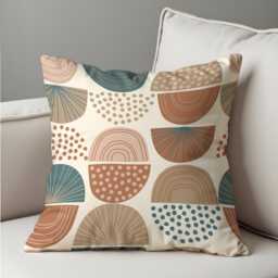 Modern Boho Geometric Cushion Cover, Minimalist Half Circle & Dot Pattern Pillow Neutral Earth Tones Abstract Case - thumbnail 1