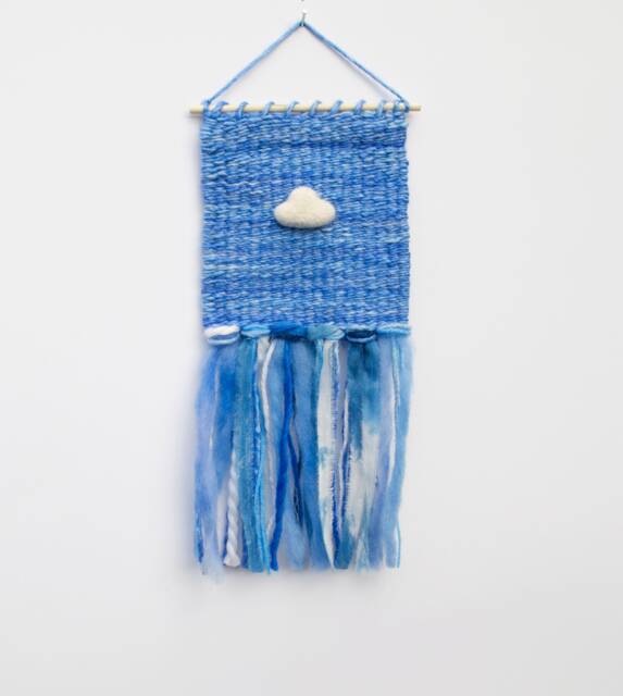 Mini Cloud Woven Wall Hanging, Weaving, Tapestry, Blue, Sky, Needle Felting, Small, Nursery Decor, Boho, Modern, Wool, Textile, Fiber - image 1