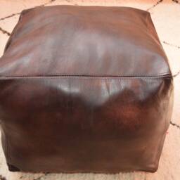 Moroccan Leather Ottoman Square Dark Brown Pouf, Handmade Footstool, Moroccan Pouf Cover - thumbnail 2