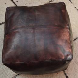 Moroccan Leather Ottoman Square Dark Brown Pouf, Handmade Footstool, Moroccan Pouf Cover - thumbnail 4