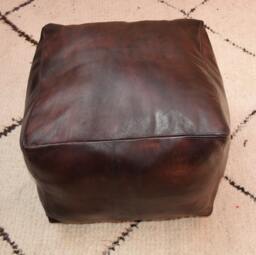 Moroccan Leather Ottoman Square Dark Brown Pouf, Handmade Footstool, Moroccan Pouf Cover - thumbnail 1