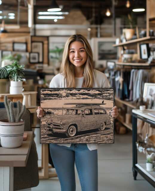 Vintage Beach Station Wagon With Surfboard Wall Art - Surfing Themed, Engraved Wood Lithograph Illustration, Coastal Lifestyle Print - image 1
