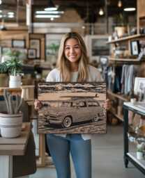 Vintage Beach Station Wagon With Surfboard Wall Art - Surfing Themed, Engraved Wood Lithograph Illustration, Coastal Lifestyle Print - thumbnail 1